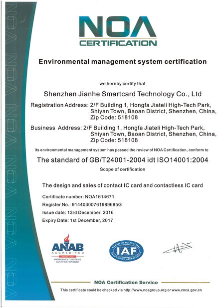 China Shenzhen jianhe Smartcard Technology Co.,Ltd Zertifizierungen