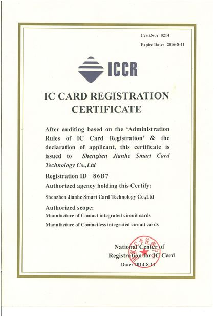 China Shenzhen jianhe Smartcard Technology Co.,Ltd Zertifizierungen